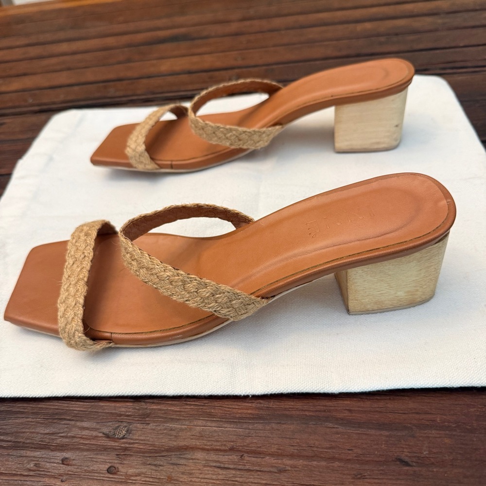 INNE Tania 2-Strap Heel Natural Abaca Braided Wood Block Sandals Women Size 10 - Picture 2 of 11